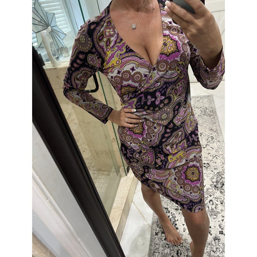 Jude Connally Diane Multicolor Paisley Mock Wrap Jude Cloth Dress Medium Purple
